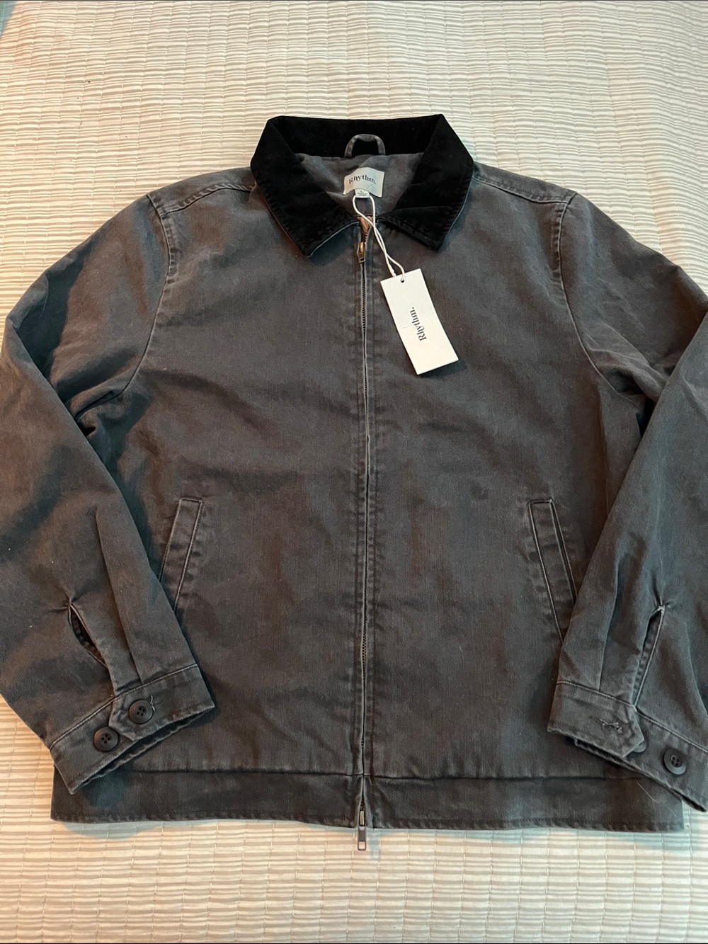 NEW Rhythm Men's Charcoal Cotton Zip Jacket with Black Corduroy Collar